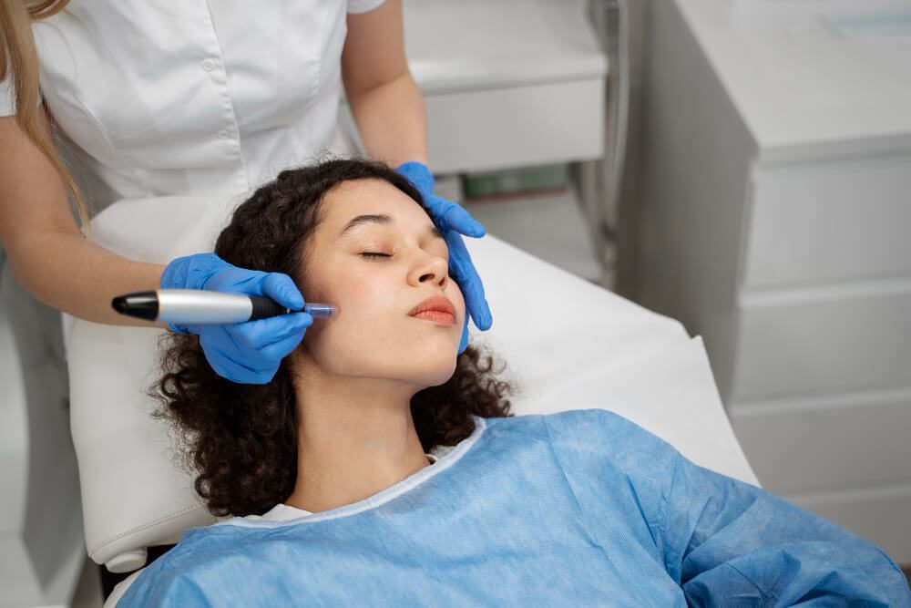 Esthetician performing a microneedling treatment on a client’s forehead